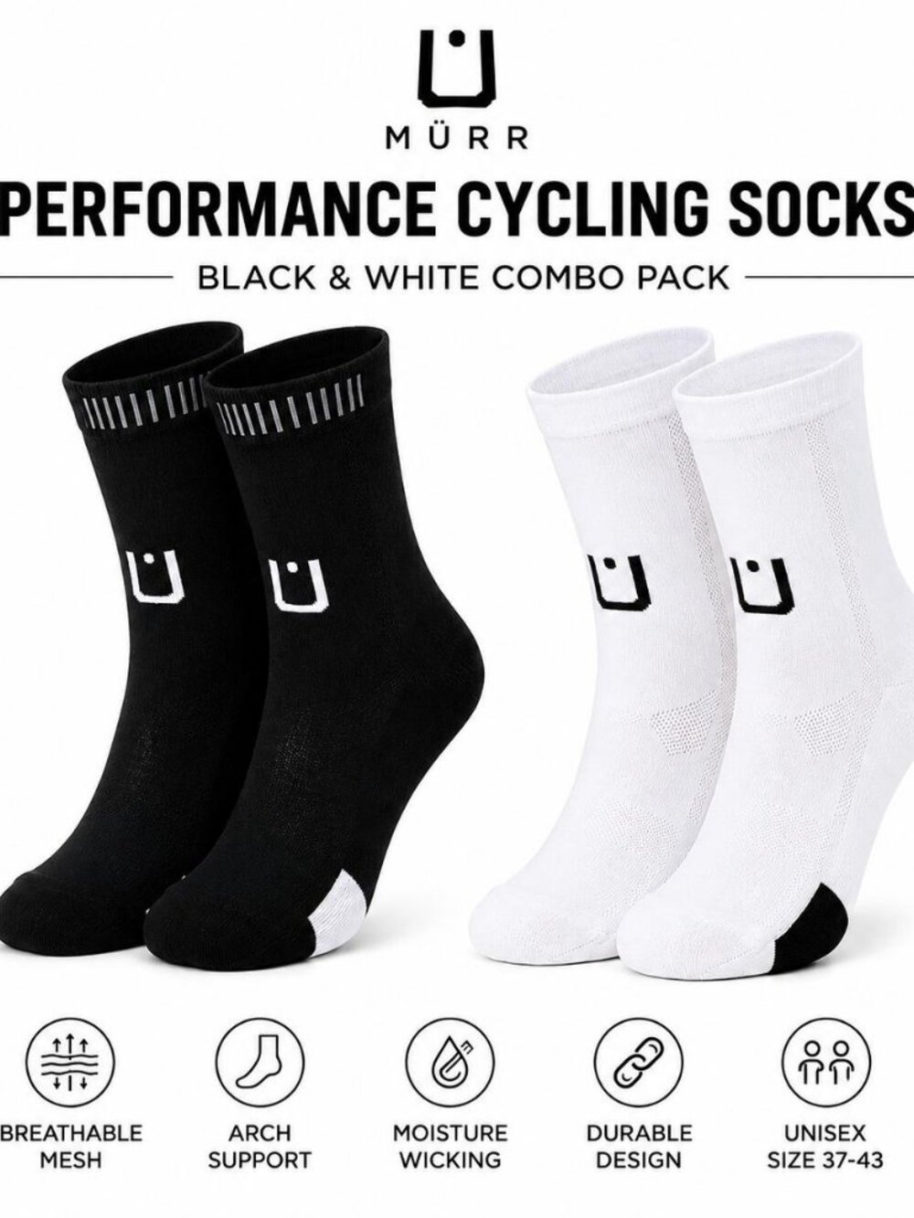 NWT MURR Performance Cycling Socks 2-Pack Black White Unisex Size 37-43 Athletic